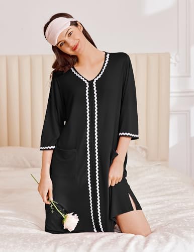 Ekouaer Zipper Robes for Women 3/4 Sleeves Lightweight House Coat Zip Up Bathrobe Soft Nightgown with Pockets S-3XL2