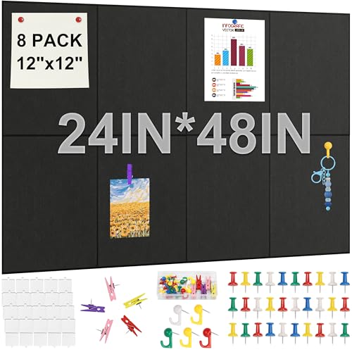 8 Pack 24"x48" Cork Boards for Walls, 89 Pcs Felt Cork Board Bull...