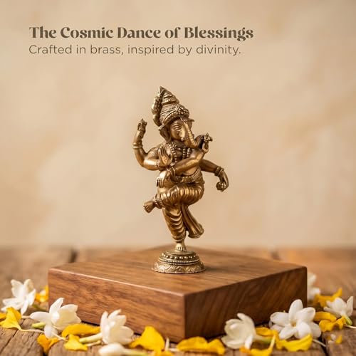 Image of Ekhasa 100% Pure Brass Dancing Ganesha Idol (Size: 6.2cm) | Pital Ganesh Murti for Pooja Room, Home Decor, Office Desk and Car Dashboard | Vinayagar Statue for Diwali Puja