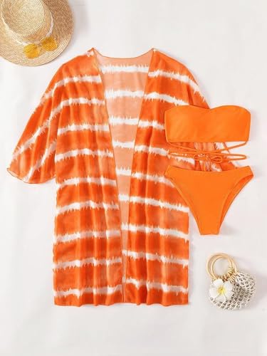 Image of AARAM Sexy Hot Beach Bikini Set for Women, Women's 3 Piece Beach Wear Stylish Printed Shorts Cardigan Suit Swimwear, Three-Piece Co-ord Set for Pool Vacation Honeymoon Beachwear