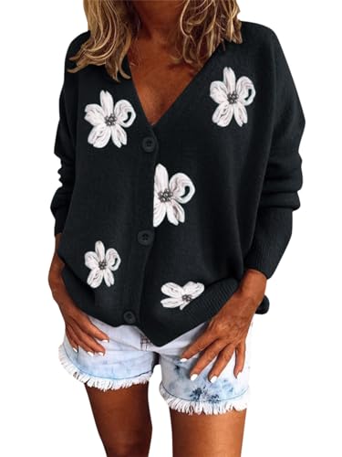 Women's Button Front V Neck Cardigan Sweaters Long Sleeve Floral