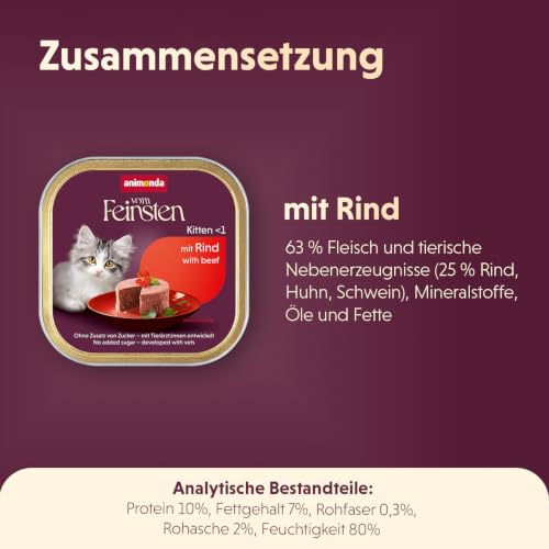 animonda Vom Feinsten Kitten mit Rind (32 x 100 g), Kitten Nassfutter für junge Katzen, Katzenfutter ohne Getreide und Zucker, mit 100 % frischen, fleischlichen Zutaten