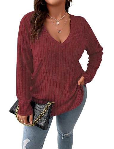 Image of Koscacy Women Plus Size Casual Knit Sweater V Neck Solid Color Tops Lightweight Long Sleeve Blouses