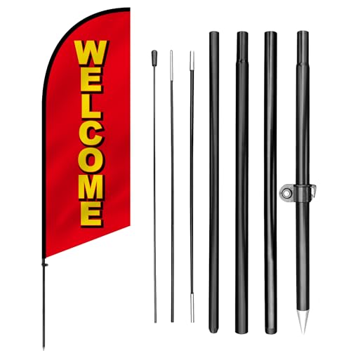 Anley 7.5 FT Welcome Feather Flag Banner Kit - Outdoor Swooper Advertising Flags with Pole and Stake - Greeting Sign for Stores, Businesses, Events, or Entrances - Weather Resistant & Easy Setup
