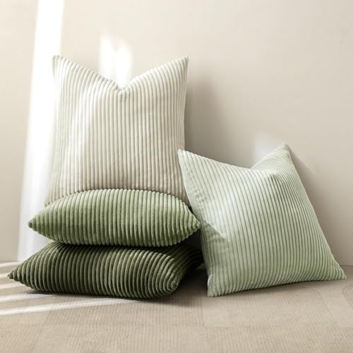 Image of MIULEE Decorative Throw Pillow Covers Set of 4 Summer Light Green Gradient Natural Earthy Modern Classic Soft Corduroy Cushion Covers for Sofa Couch Bed Living Room Spring Home Decor 24x24 Inch