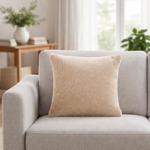 Image of Premium Faux Rabbit Fur Cushion Cover 16X16 Inch - Set of 1 | Soft Plush Decorative Square Throw Pillow Covers with Velvet Back, Washable Cushion Covers for Sofa, Couch & Bed - [Beige]