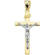 Solid 10k Two-Tone Gold Cross INRI Crucifix Charm Pendant 1.60"