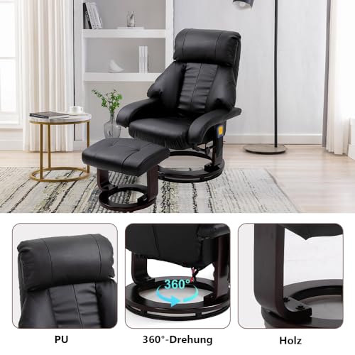 Mingone Massagesessel mit Hocker Fernsehsessel mit Heizfunktion Verstellbar TV Sessel 360° Drehbar Polstersessel Elektrisch Relaxliege mit 8 Massagepunkte Wohn- und Schlafzimmer Kino, Schwarz – Bild 7