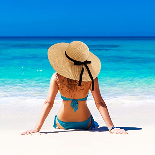 Image of Women Wide Brim Sun Hat UPF50 Straw Summer Hat Floppy Beach Hat Roll-Up