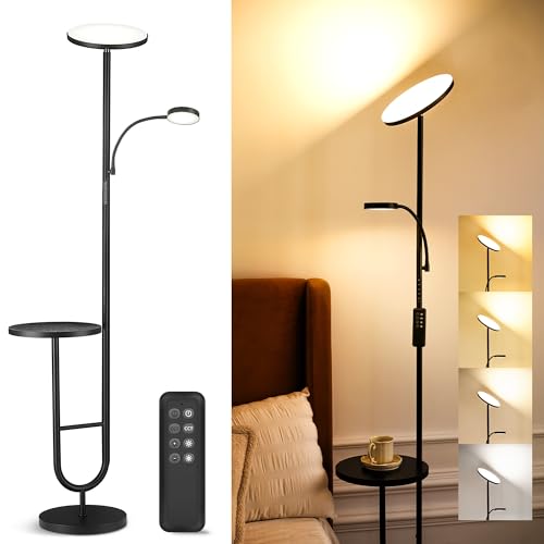 LuminexDesigns Lámpara de Pie LED con Mesa, 36W+7W Regulable 3200LM+600LM con Mando, Cabezal Giratorio 350°, 2700K-6500K, Lámpara Moderna para Salón Negra