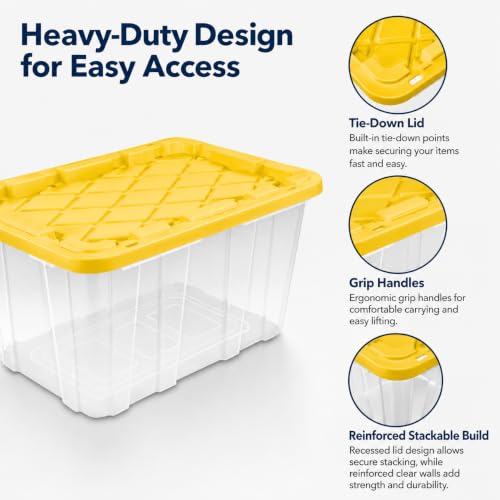 Image of 4-Pack 27Gal Clear Storage Bins with Lids, Heavy Stackable Totes, Yellow