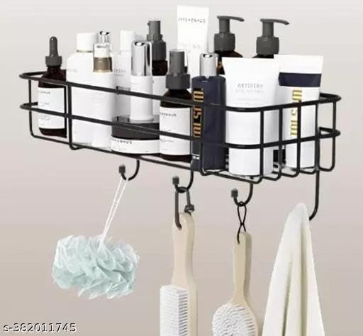 Image of Bathroom Rack - Bathroom Shelves - Kitchen Storage - Multipurpose Rack and Shampoo Holder with 4 Hook - Adhesive Shower Caddy Metal Shelf Without Drilling (Black)