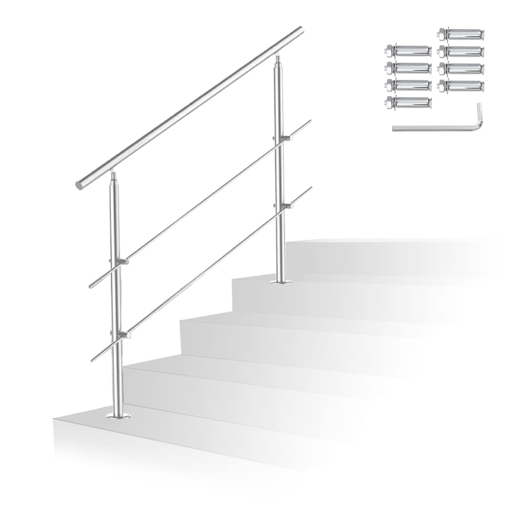 Randaco Corrimano in acciaio inox per interni ed esterni, ringhiera per scale per balconi, parapetti, scale, ingresso di casa, (150 cm, 2 barre trasversali)