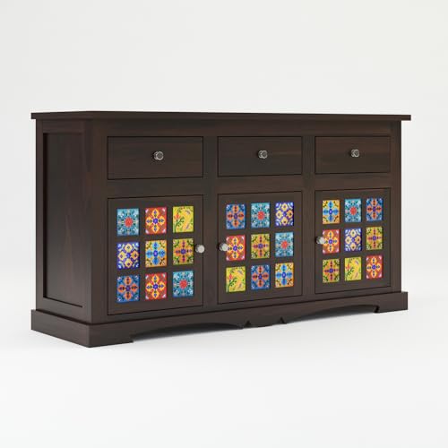 Image of Handcrafted Solid Sheesham Wood Wooden Cabinet & Sideboards with 3 Drawers and 6 Shelves for Living Room or Bedroom Storage (Boho, Walnut Finish)