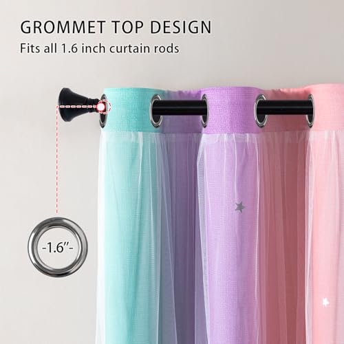 Image of XiDi Curtains for Girls Bedroom 2 Panel Set, Thermal Insulated Window Ombre Panels, Rainbow Pink Drapes for Kids Room Unicorn Wall Decals, Black Out Curtains 63 Inch Long Pink /Purple /Green 52 X 63