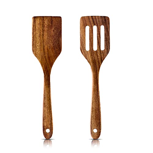 Juego de 2 espátulas de madera de teca natural con mango largo y espátula ranurada hecha a mano para protección contra arañazos para sartén, antibacteriano, juego de espátulas de cocina