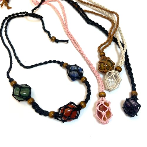 7 Chakra Natural Crystal Healing Stone Necklace Set 5 Handmade Adjustable Crystal Holder Necklaces Cord Cage Black Pink Brown White Ropes Spiritual Jewelry Gift for Women Yoga Meditation (Small)