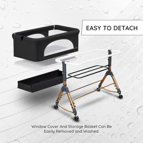 Image of Baby Comfortable 6-in-1 Baby Cot, Crib, Bedside Bassinet, Adjustable Height, Mosquito Net, Storage Basket, Wheels, and Mattress | Easy Folding, Unique Design-Charcoal Grey | Breathable Cloth