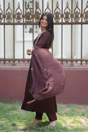 Image of MOKOSH Women's Silk Embroidery Anakrali Kurta Pant with Dupatta | Anarkali Kurta Set | Round Neck Full Sleeve Ethnic Suit | Floral Kurta 7 Colour Option Available | 3 Piece Outfit