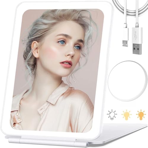 KGYMJR Portable Travel Lighted Makeup Mirror，USB Rechargeable Folding Vanity Mirror，80 LED Lights 3 Color Dimmable Touch Screen Tabletop Beauty Makeup Mirror，Travel， Makeup, Office Essential