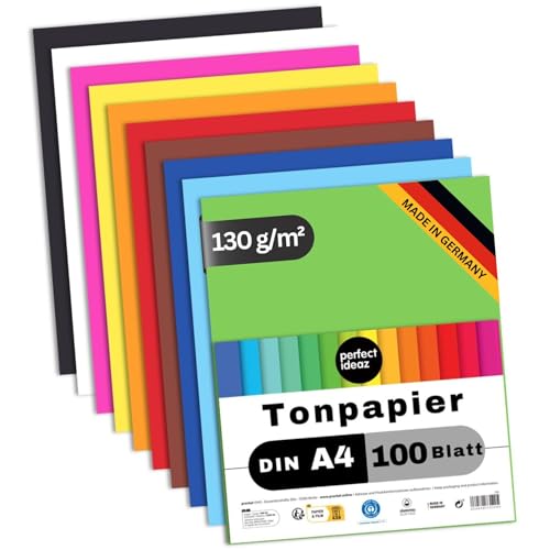 perfect ideaz - 100 Blatt Tonpapier DIN-A4, 10 Farben, 130 g/m², Made in Germany, Blauer Engel zertifiziert