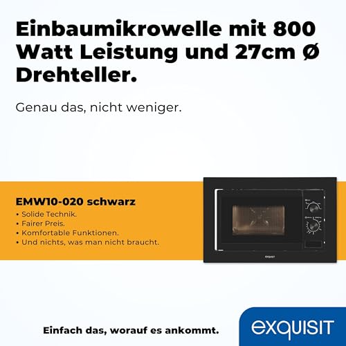 Exquisit Einbaumikrowelle EMW10-020 schwarz | 800 W Leistung | Kinderleichte Bedienung | Einfacher Einbau | Timer | Drehteller 27cm | Mikrowelle 60 cm | Einbaugerät | Schwarz