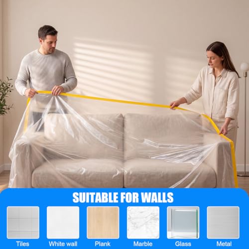 Image of Seajan 9 Roll Painters Plastic with Tape Pre Taped Masking Film for Painting Automotive Paint Adhesive Protective Film Masking Tape Roll Plastic Painting Covering (White,22 /43 /59in X 66ft)