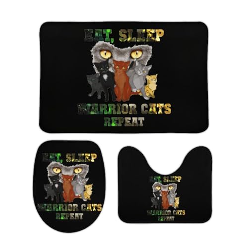 トイレマット 3点セット Eat Sleep Warrior Cats 猫柄 フタカバー 便座カバー 洗える お風呂マット ふわふわ 滑り止め U型 O型 兼用 ズレない おしゃれ 吸水速乾 40cm x 60cm