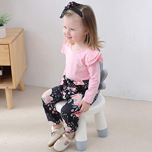 Image of YALLET 3Pcs Toddler Girl Clothes Solid Color Long Sleeves Ruffle Top+Floral Pants+Headband 1-6 Years Fall /Winter Outfits Set