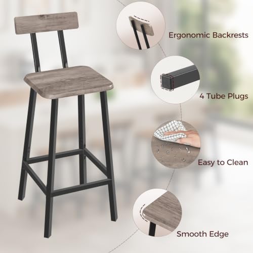 Image of MAHANCRIS Bar Stools, Set of 2 Bar Chairs with Backrest and Footrest, 26 inch Breakfast Chairs, Counter Stools for Bar, Living Room, Kitchen, and Dining Room, Greige BAHG05101