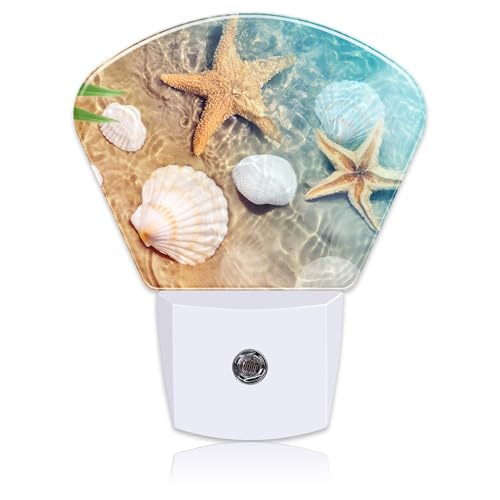 Image of Starfish and Seashell Night Light for Kids, Beach in Sea Water LED Night Light Plug into Wall with Dusk to Dawn Sensor for Girls Boys Women Men Room, Hallway, Kitchen, Bathroom, Stairs Decor