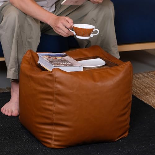 KKTX Brown Faux leather Cube Coffee Table Stool,Modern Home Pouffe Footrest for...