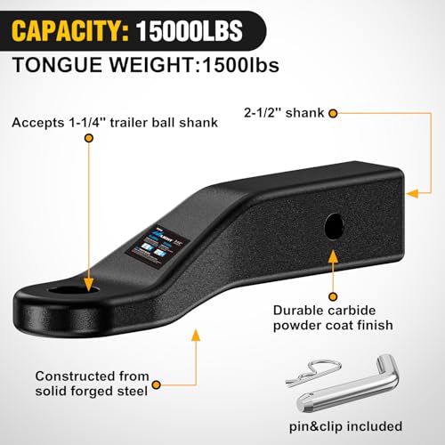 Image of Nilight Trailer Hitch Ball Mount with 5 /8 inch Hitch Pin Clip Fits 2-1 /2 Inch Receiver Square 15000 lbs 2 inch Drop 1 /2 inch Rise, 1-1 /4-Inch Hole, Gloss Black Powder Coat