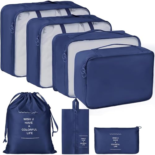 Image of 7pcs Set Travel Organizer Packing Cubes Lightweight Travel Luggage Organizers with Laundry Bag or Toiletry Bag Laundry Organiser. (Dark Blue)