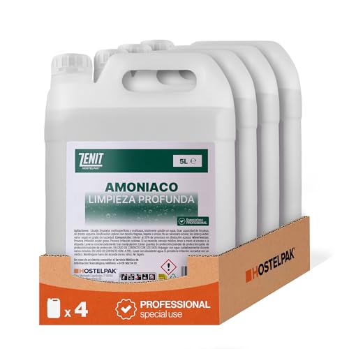 Hostelpak | 4 x 5 l | Amoniaco Potente para Limpieza - Elimina Suciedad y Olores - Desengrasante y limpieza profunda - Uso Doméstico y Profesional