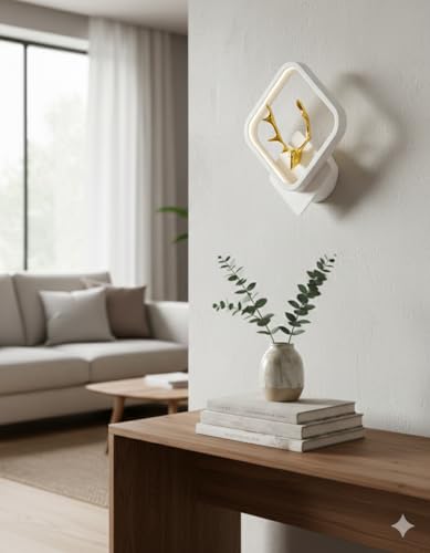 Image of Homesake LED Wall Lamp for Living Room Bedroom, Modern Golden Deer Decorative Wall Light, Warm White Indoor Designer Home Decor Light, Stag Face, Square Frame, (White, Square)