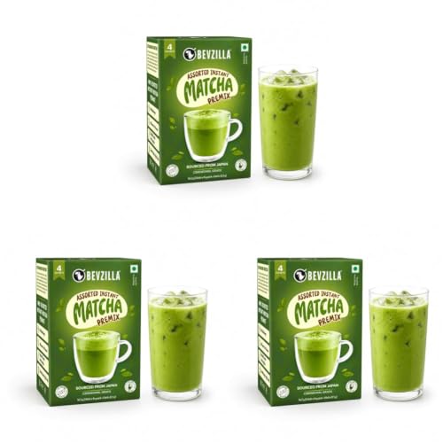 Image of Bevzilla Instant Matcha Premix 4 Assorted Sachets | Ceremonial Grade Green Tea | No Added Sugar | Smooth Energy Drink Mix | Single Serve | Hot & Cold Matcha Anytime (Pack of 3)