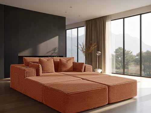 Image of 72 inch Cloud Sectional Couch, Comfort Sleep Sofa for Living Room, Extra Deep Seats No Assembly, Minimalist Modular Couch, Corduroy (Deep Orange, Extend Loveseat Chaise)