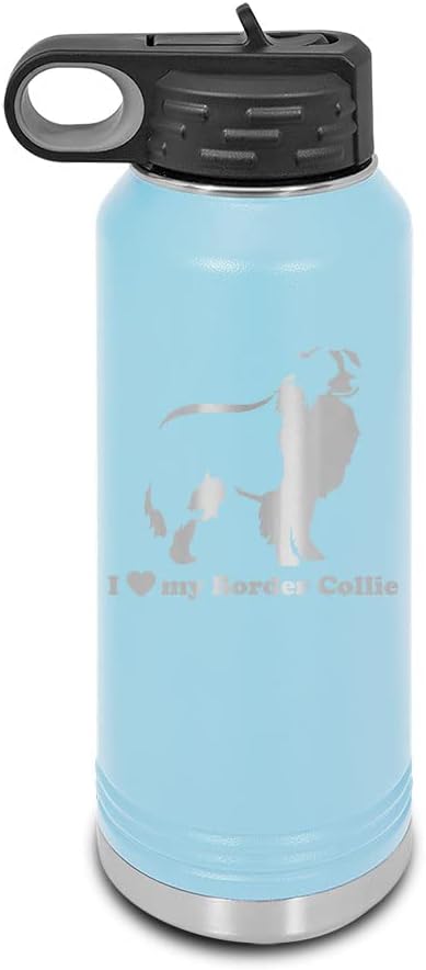 I Love My Border Collie Laser Engraved Water Bottle Customizable Polar Camel Stainless Steel Many Colors Sizes with Straw - sheep dog - 32 oz - Light Blue