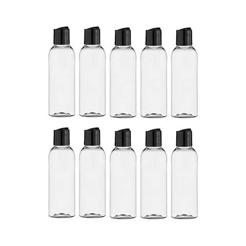ljdeals 2 oz Clear Plastic Empty Bottles with Black Disc Top Caps, Refillable Containers for Shampoo, Lotions, Cream and more Pack of 10, BPA Free, Made in USA Cover