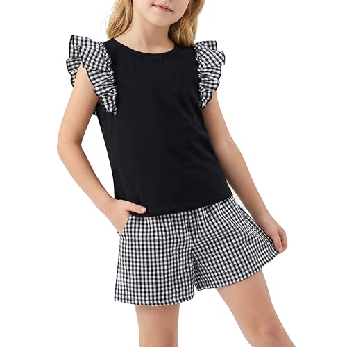 Image of Girls 2 Piece Summer Outfit Cotton Ruffle Sleeve Top Gingham Plaid Shorts Casual Clothes Short Sets Size 5-10