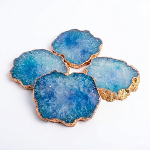 Image of Natural Agate Stone Tea Coasters Set | Premium Stone Coasters for Tea, Coffee & Glass | Heat Resistant Coasters for Dining Table, Office Desk & Home Decor | Pack of 4 | Color -Blue