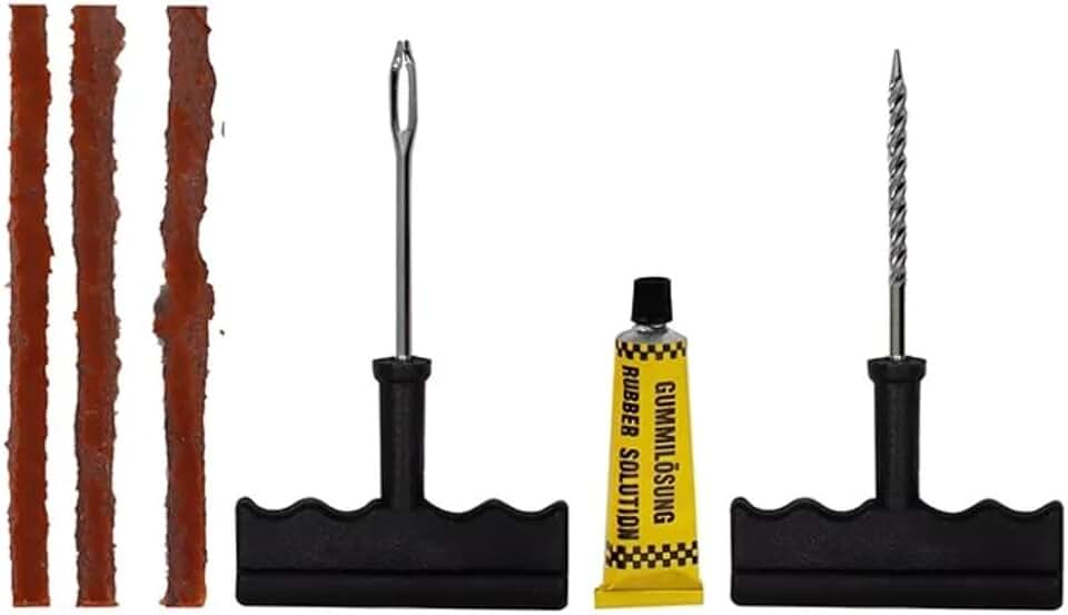 Kit de Reparo Conserto Remendo para Pneus de Carro, Moto e Bicicleta, Contém Macarrão Selante, Ferramentas e Cola