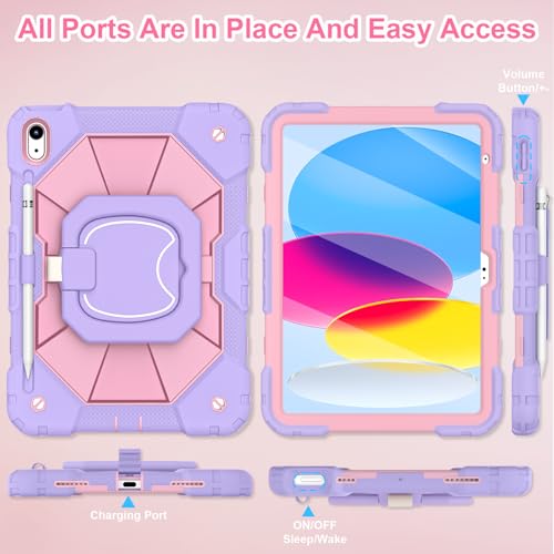 Image of WESOROL Case for iPad (A16) 11th /10th Generation 2025 /2022 with Screen Protector Rotating Stand Pencil Holder iPad Case 10th Generation Shockproof Cover for iPad 11th /10th Gen Cases,Purple Rose