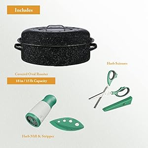 Granite Ware 4 Piece Roasting Set Includes 15 lb 18 in Enamel on Steel Covered Oval Roaster Herb Scissors Herb Mill Stripper