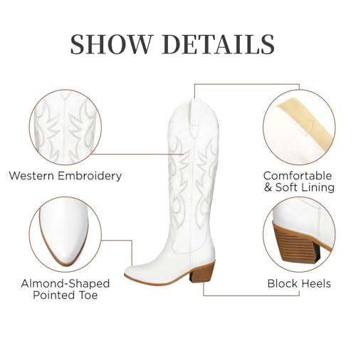 STALOV Cowboy Boots for Women,Western Pointed Toe Chunky Heel Pull-On Knee High Cowgirl Boots Fashion Embroidered Tall4