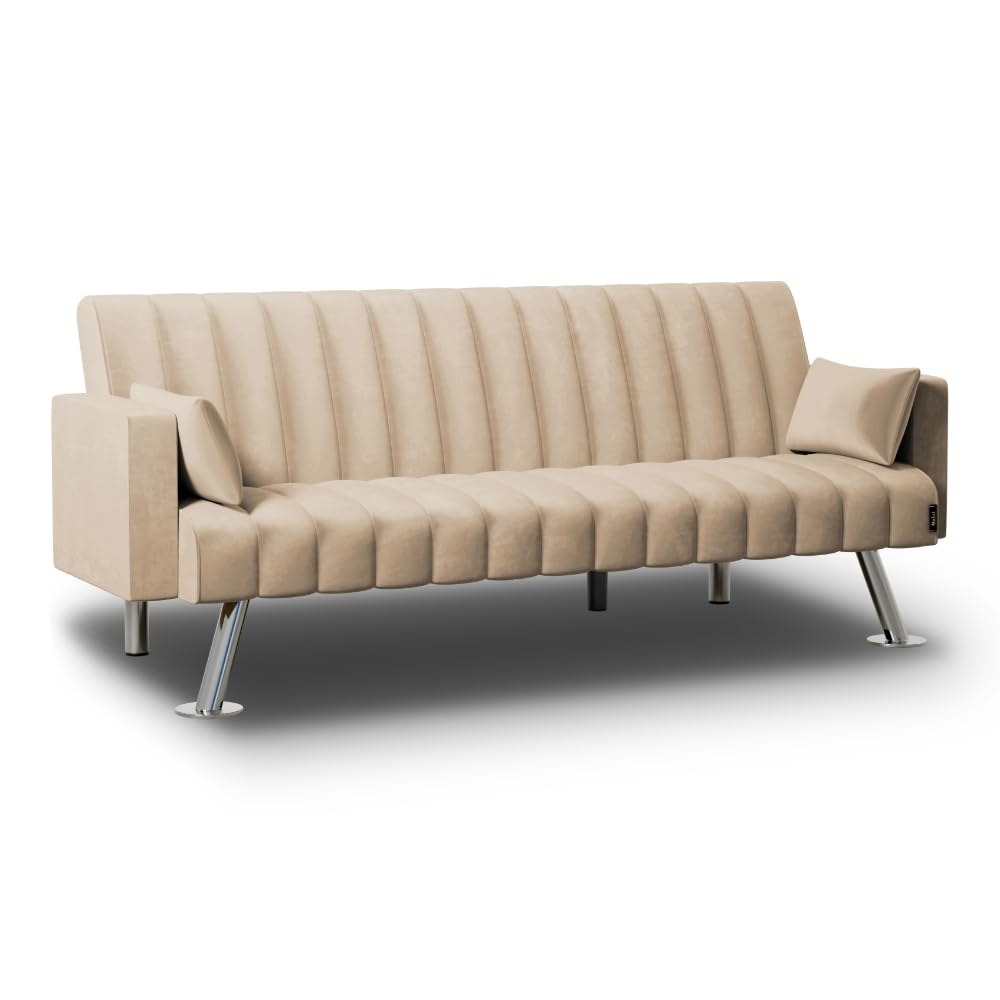 Nalui - Sofá Cama 3 Plazas Acolchado 210x80x79cm One Lines, 2 Cojines y Apertura Clic-Clac con Reclinación Ajustable. Sofa de Salon 3 Plazas Aterciopelado Convertible en Cama Doble | Beig
