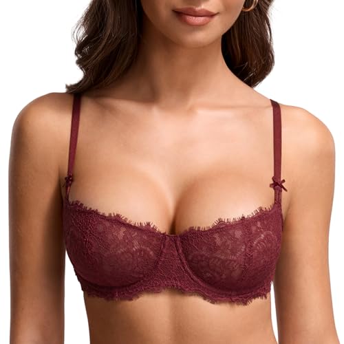 Image of DOBREVA Women's Balconette Sexy Unlined Bra Lace Push Up Plus Size Bras See Through Underwire