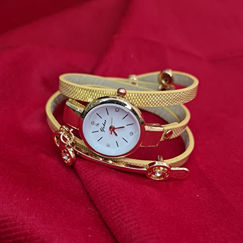 Relogio Feminino Dourado Pulseira De Couro Bracelete Strass