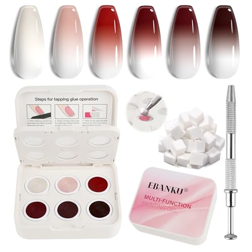 EBANKU Ombre Gel Pat Painting, 6 Colores Esmaltes Semipermanentes para Uñas de Gel UV LED Uñas Francesas Efecto Degradado Blush con 100 Esponjas y Pinza para Manicura, Paleta B